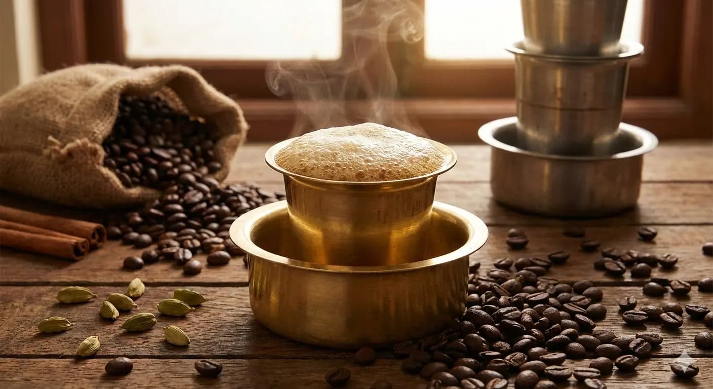 Traditional South Indian filter coffee with brass dabara set