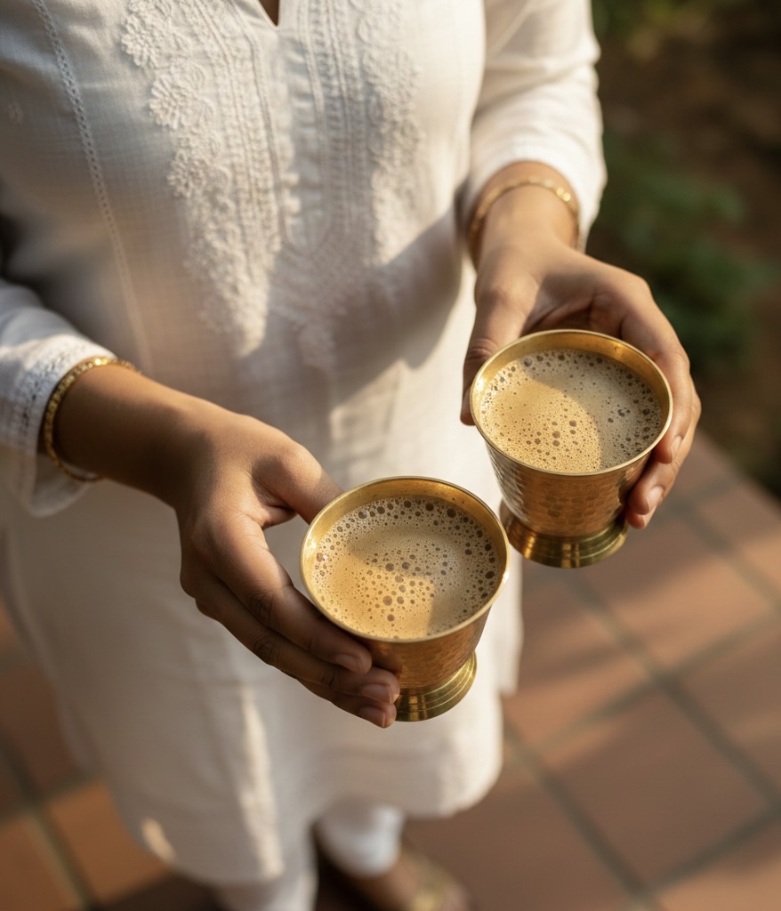 Woman holding traditional coffee cups